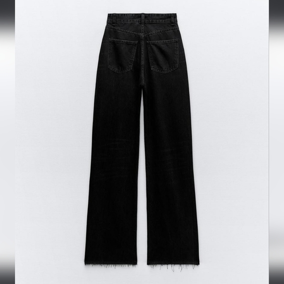 ZARA | HIGH RISE WIDE LEG JEANS black raw hem rigid denim sz 2 - Picture 1 of 4